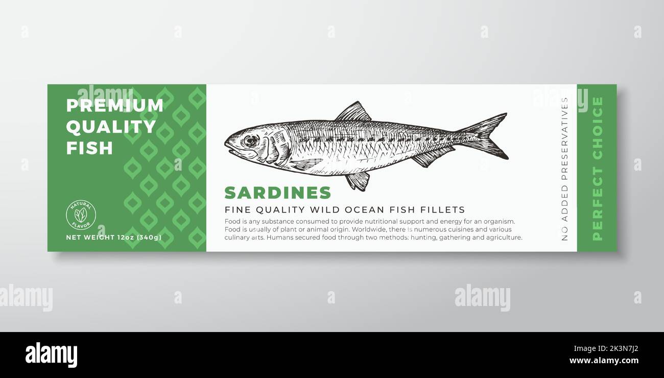 Qualité supérieure Sardes Vector Packaging Label Design Typographie moderne et main de poisson Silhouette produits de la mer mise en page de fond Illustration de Vecteur
