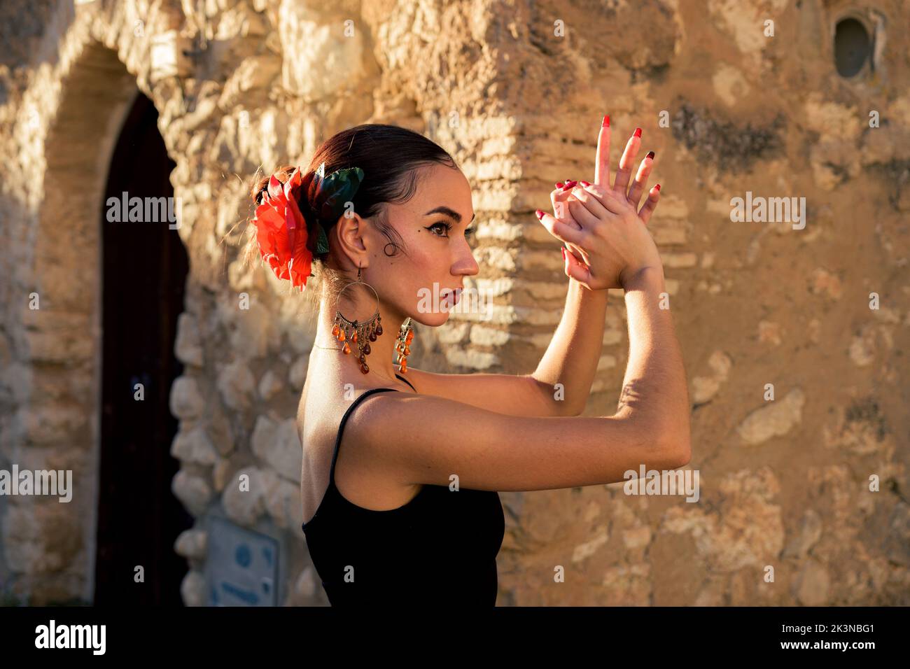 Portrait d'une femme dansant le flamenco au coucher du soleil Banque D'Images