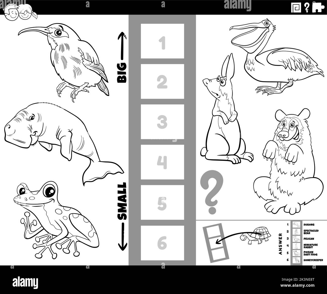 Dessin animé noir et blanc illustration du jeu éducatif de trouver la plus grande et la plus petite espèce animale avec des caractères de bande dessinée coloriage page Illustration de Vecteur