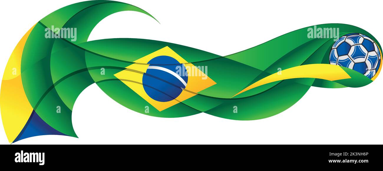 Ballon de football vert, bleu et jaune laissant une piste ondulée avec les couleurs du drapeau brésilien sur un fond blanc. Image vectorielle Illustration de Vecteur