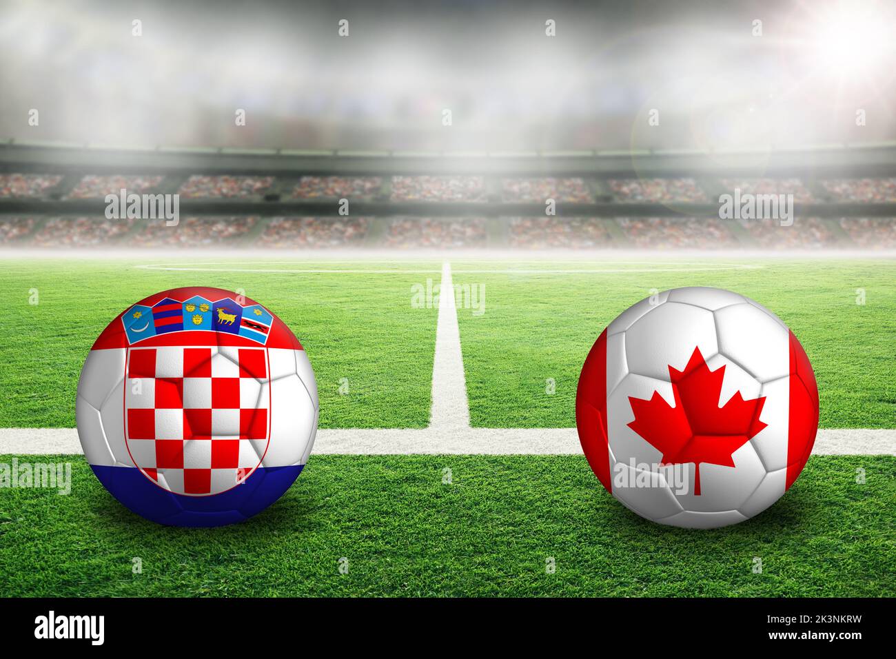 La Croatie contre le football canadien dans un stade extérieur lumineux avec drapeaux croates et canadiens peints. Concentrez-vous sur le premier plan et le ballon de football avec peu profond Banque D'Images