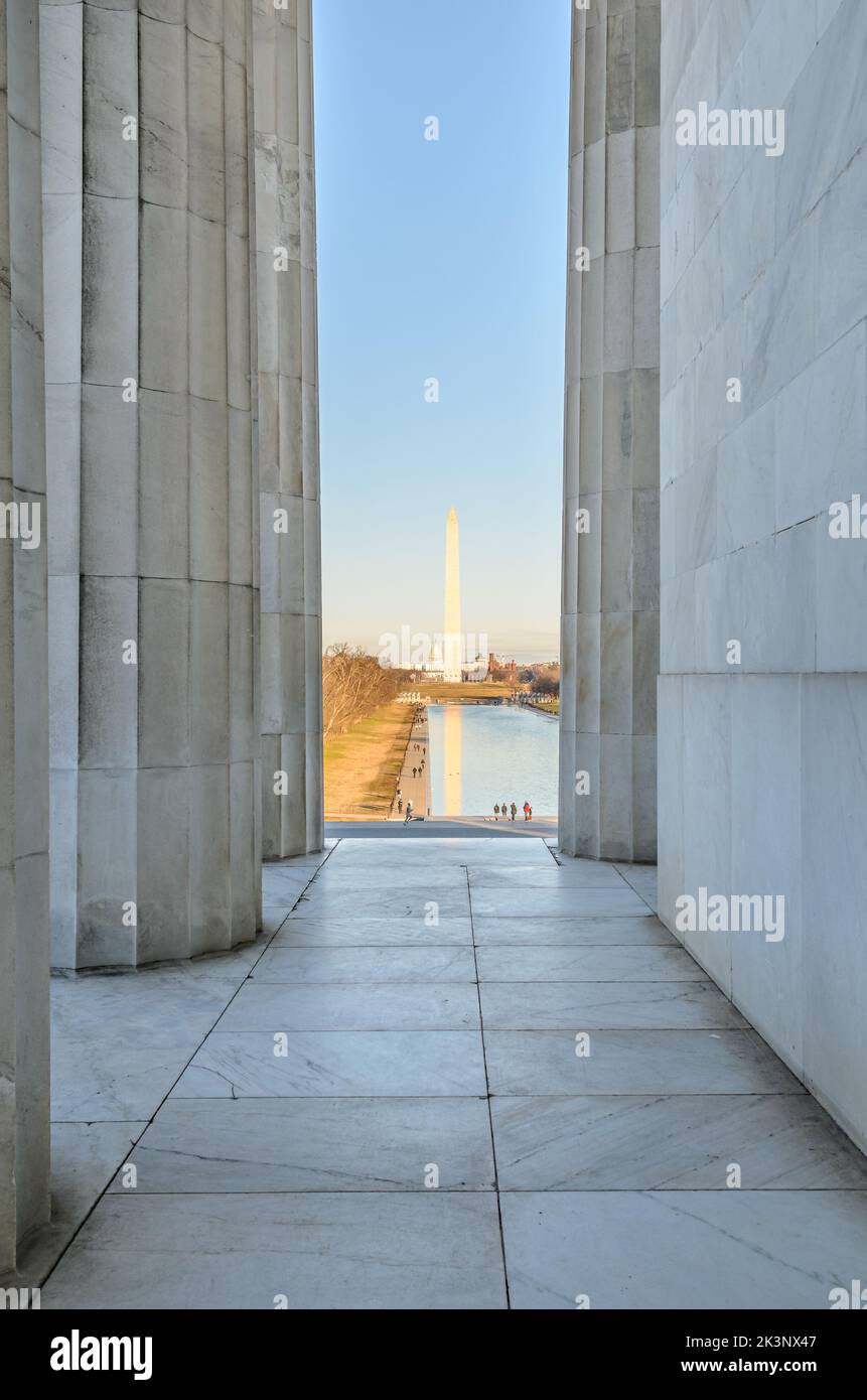 La vue depuis le Lincoln Memorial jusqu'au Washington Monument, Washington DC, USA Banque D'Images