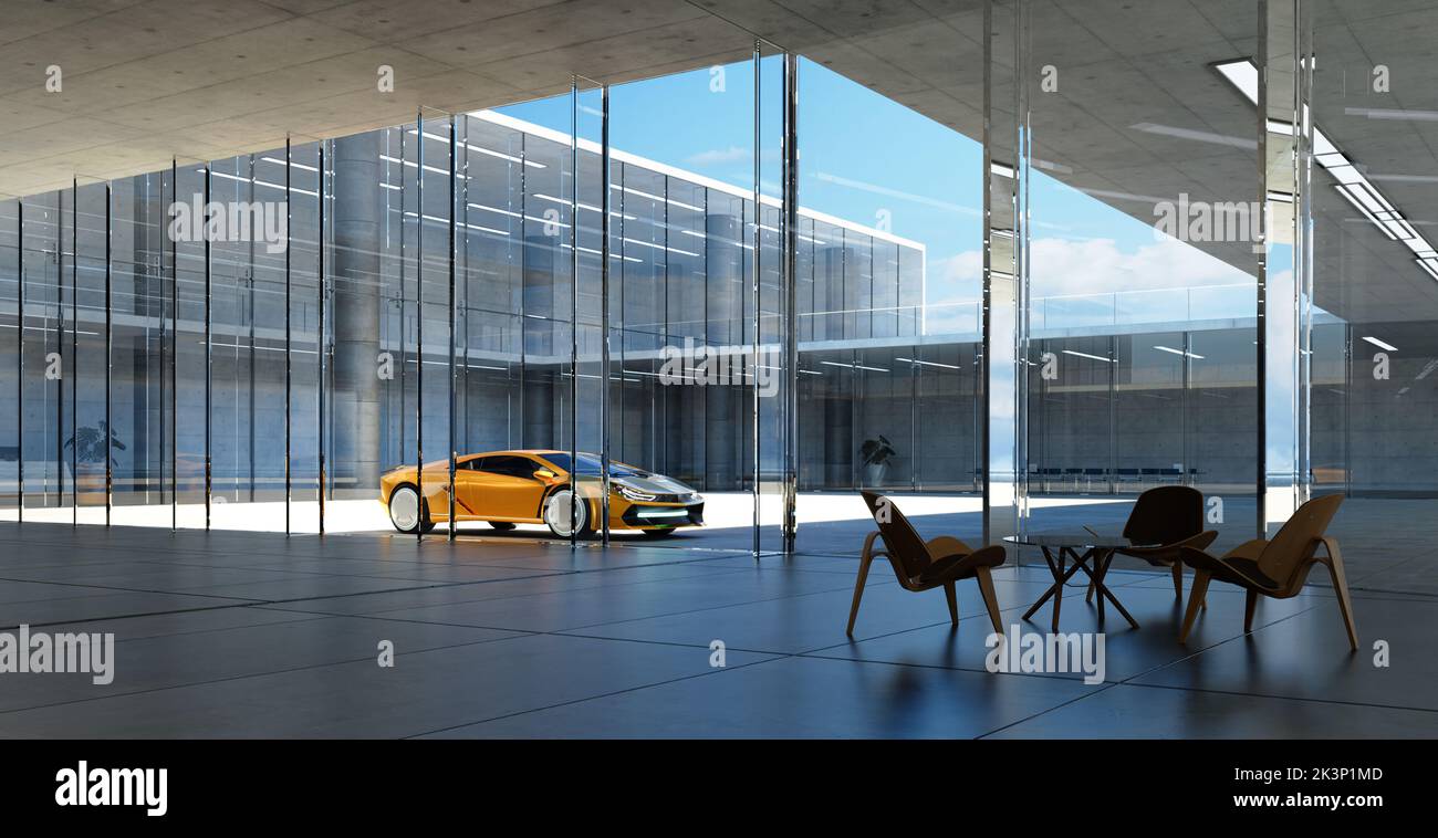 Voiture de sport électrique garée sur le côté d'un bâtiment moderne en façade de verre. Rendu réaliste 3D Banque D'Images