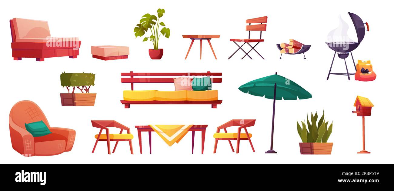 Ensemble d'éléments de construction isolés des éléments de jardin. Mobilier de rue fauteuil, canapé, table avec chaises, fleurs, barbecue, Parasol, maison d'oiseaux pour la détente en plein air, illustration de dessin vectoriel de dessin animé, icônes Illustration de Vecteur
