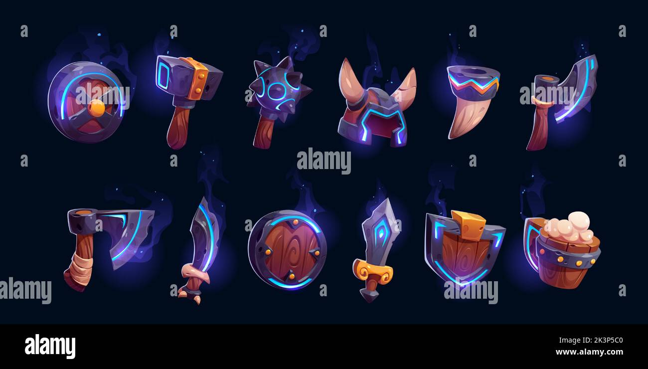 Icônes des accessoires de jeu Viking, hache de bataille médiévale au néon, mace, corne de vin, casque, épée et boucliers. Arme et armure de guerrier scandinave nordique, ressources de jeu isolées ui rpg, jeu de vecteur de dessin Illustration de Vecteur