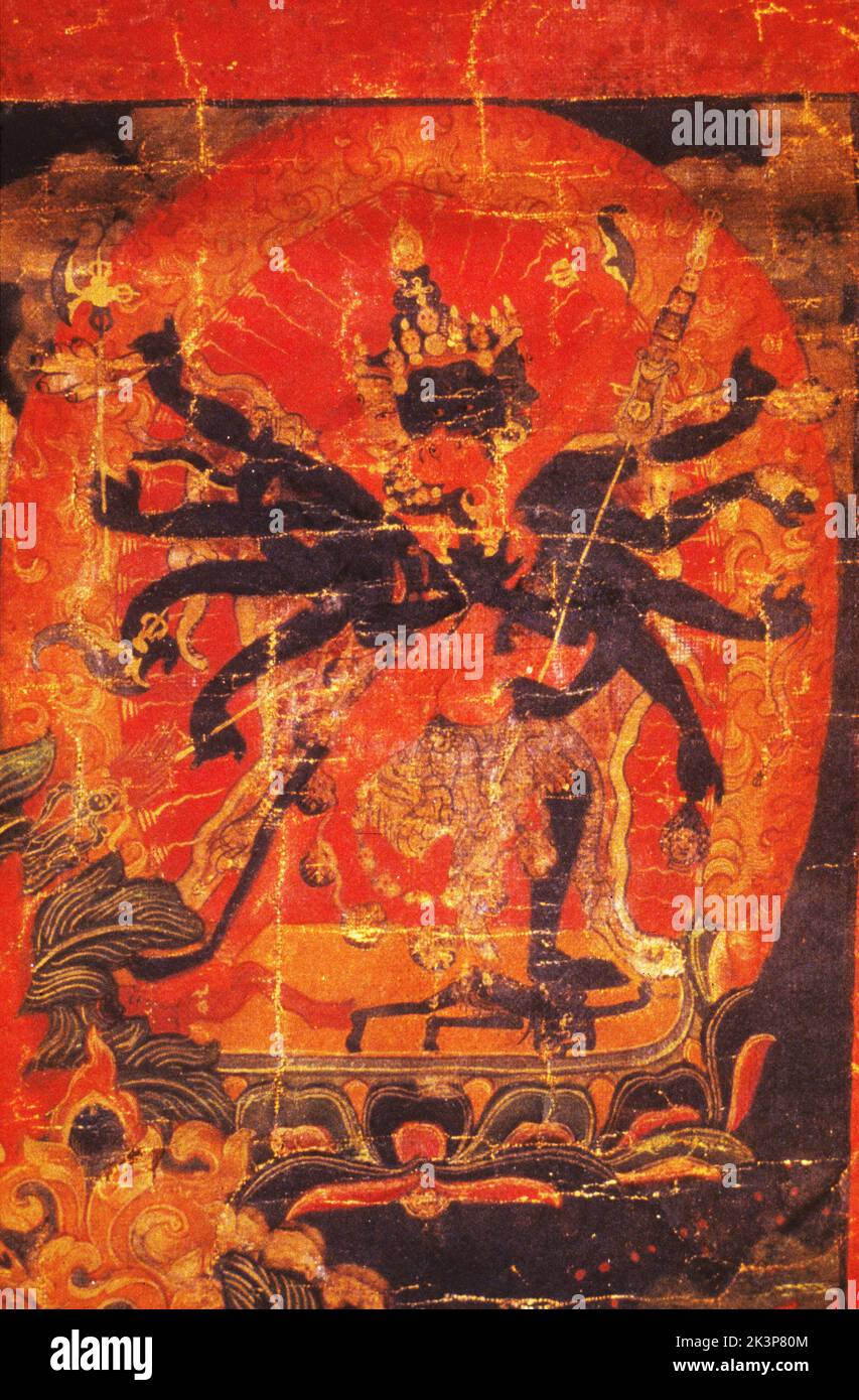 Thangka, peinture bouddhiste tibétaine, détail de 24490: Divinité juvénile en haut à droite sMan-'branser-ma, 18th siècle Banque D'Images