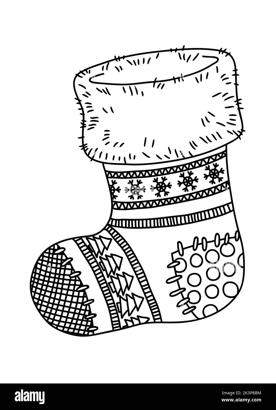 Chaussette de Noël en maille mignonne pour les cadeaux du Père Noël.Page de coloriage de mandala vectoriel pour adultes, page pour livre de coloriage et motif de Noël Illustration de Vecteur