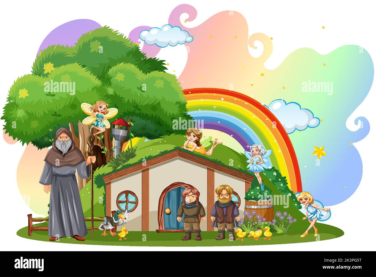 Wizard hobbit et fées à la maison magique illustration isolée Illustration de Vecteur