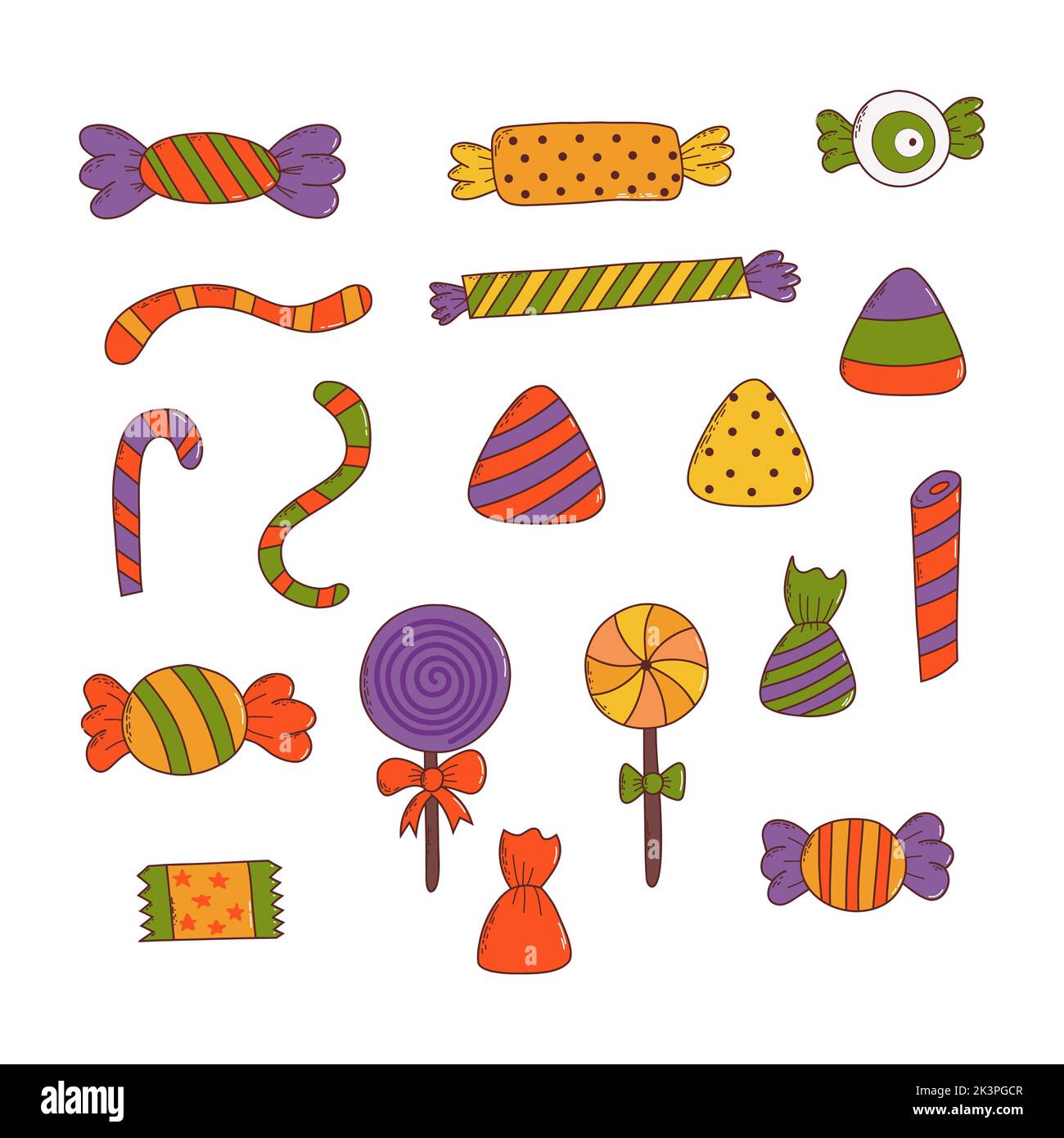 Ensemble de friandises colorées pour halloween. Éléments d'Halloween. Concept Trick or Treat. Illustration vectorielle de style dessiné à la main. Illustration de Vecteur