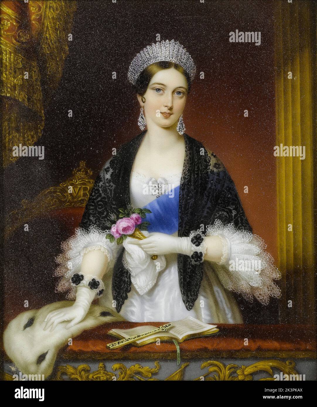 La reine Victoria (1819-1901), la reine de Grande-Bretagne et d'Irlande (1837-1901) au théâtre, portrait miniature sur porcelaine de Sophie Liénard après Edmund Thomas Parris, 1842-1845 Banque D'Images