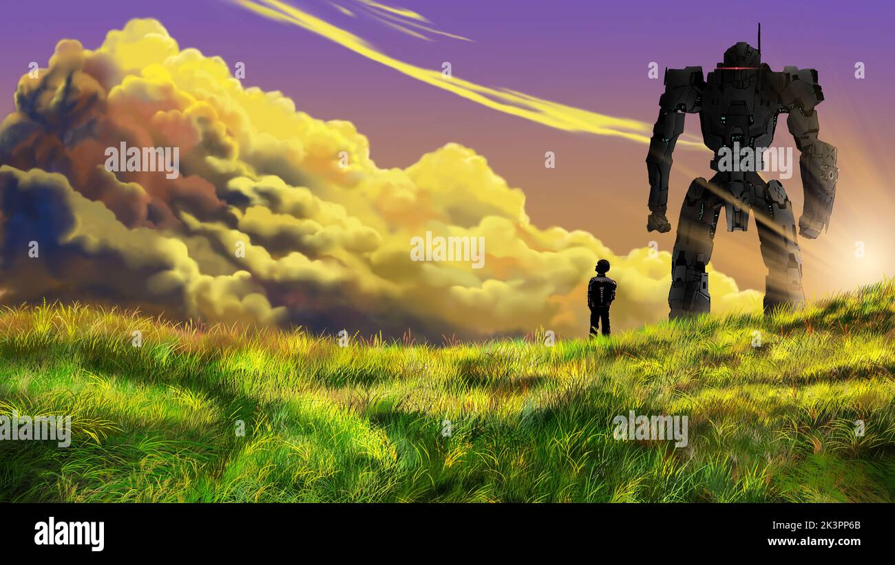 concept de voyage un homme avec un robot regarde un ciel et des cumulus nuages sur l'herbe dorée à l'heure du coucher du soleil, style d'art numérique, l'humeur solitaire et le ton, très bien Banque D'Images