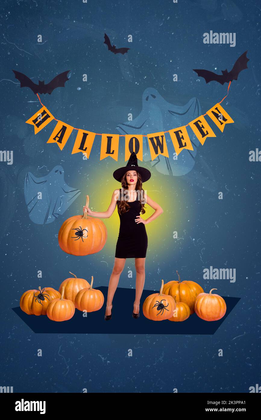 Image de collage vertical de la sorcière fille main tenir la citrouille volant chauves-souris tenir les drapeaux d'halloween fantômes araignées atmosphère horrifiante Banque D'Images