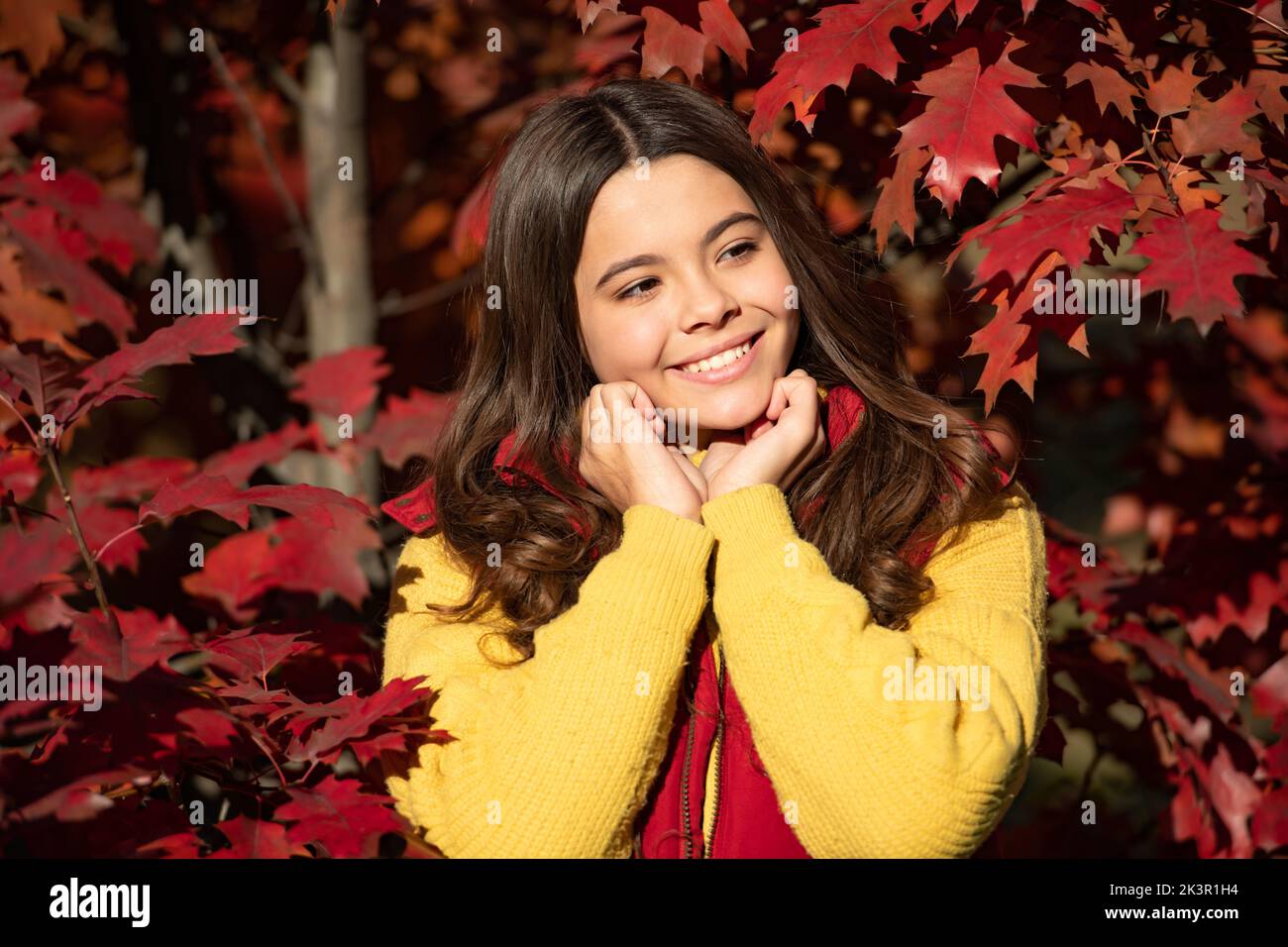 Visage de fille d'automne sur fond de feuille d'automne. Automne enfant adolescent fille 12, 13, 14 ans portrait. Visage de l'enfant souriant debout à beau Banque D'Images