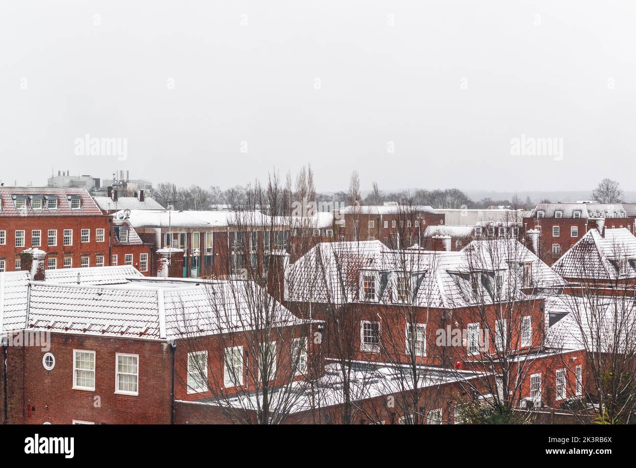 Toits de maisons couverts de neige à Welwyn Garden City, Hertfordshire, Angleterre Banque D'Images