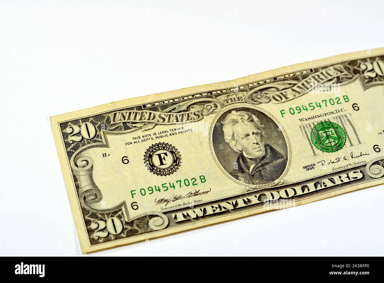 Côté opposé de 20 vingt dollars projet de loi monnaie série 1995 avec le portrait du président Andrew Jackson, vieux monnaie américaine billet, vintage Banque D'Images