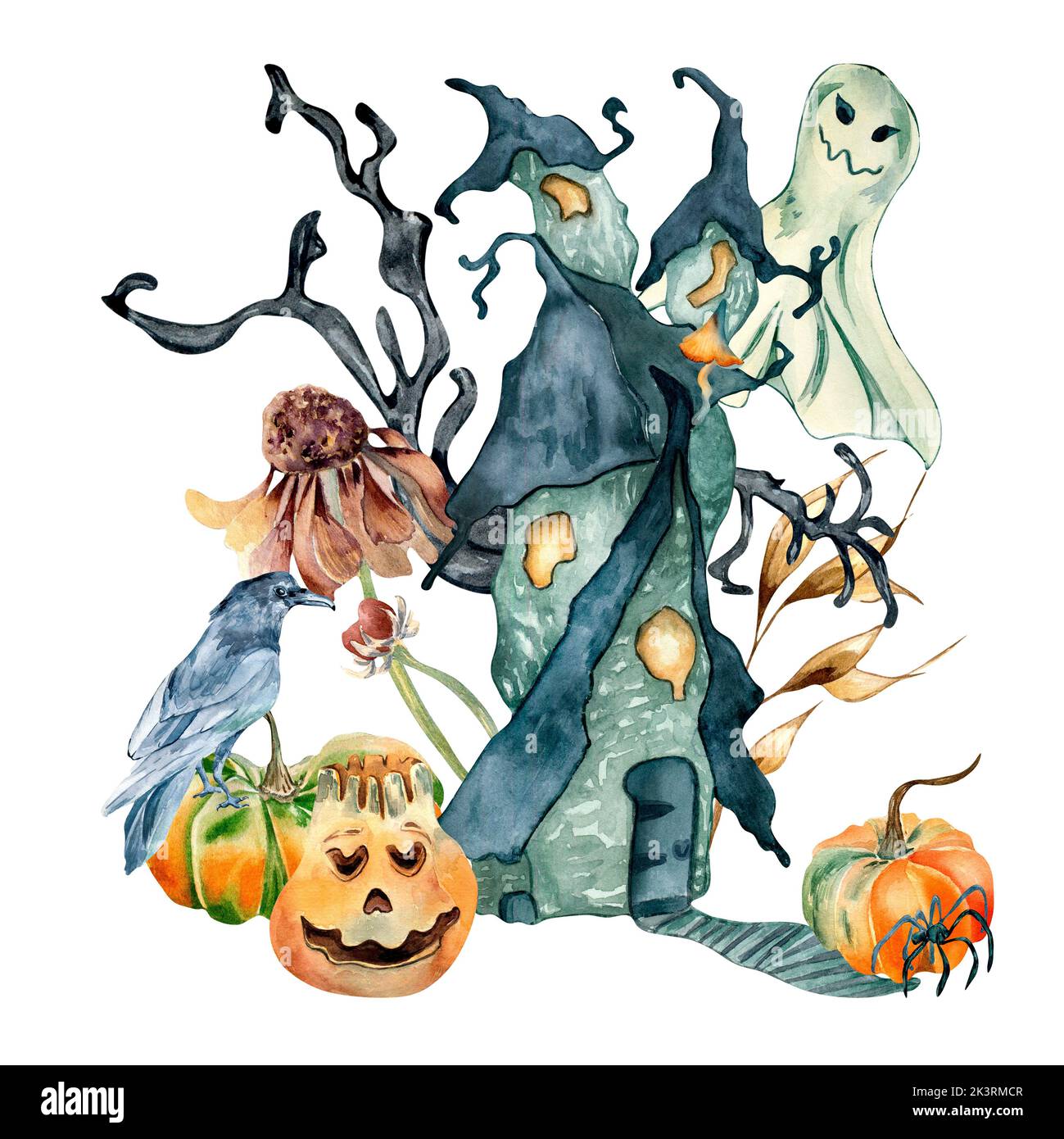 Imprimé coloré pour Halloween avec illustration d'aquarelle de maison hantée isolée sur blanc. Petite hutte, fantôme, corbeau, araignée, plantes d'automne, toundra de citrouille Banque D'Images