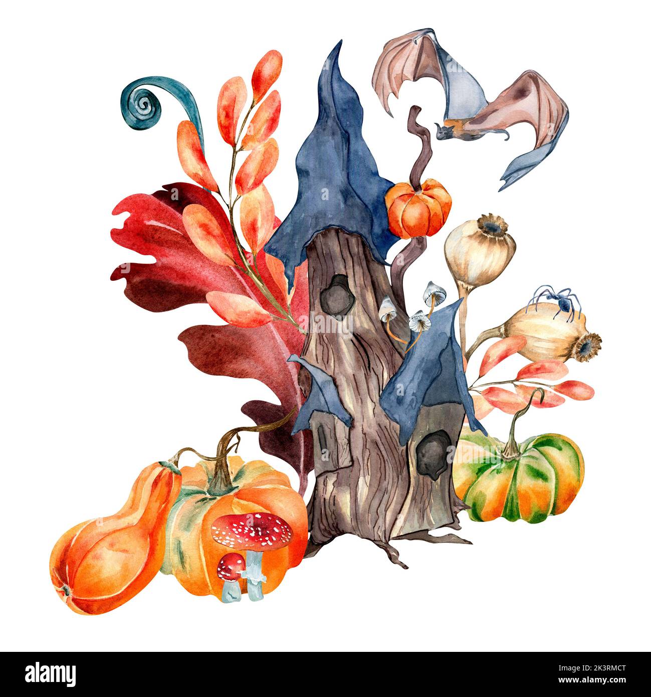 Imprimé Halloween coloré avec petite illustration aquarelle de hutte isolée sur blanc. Maison hantée mignonne, chauve-souris, araignée, feuilles d'automne rouges, plantes, citrouille Banque D'Images