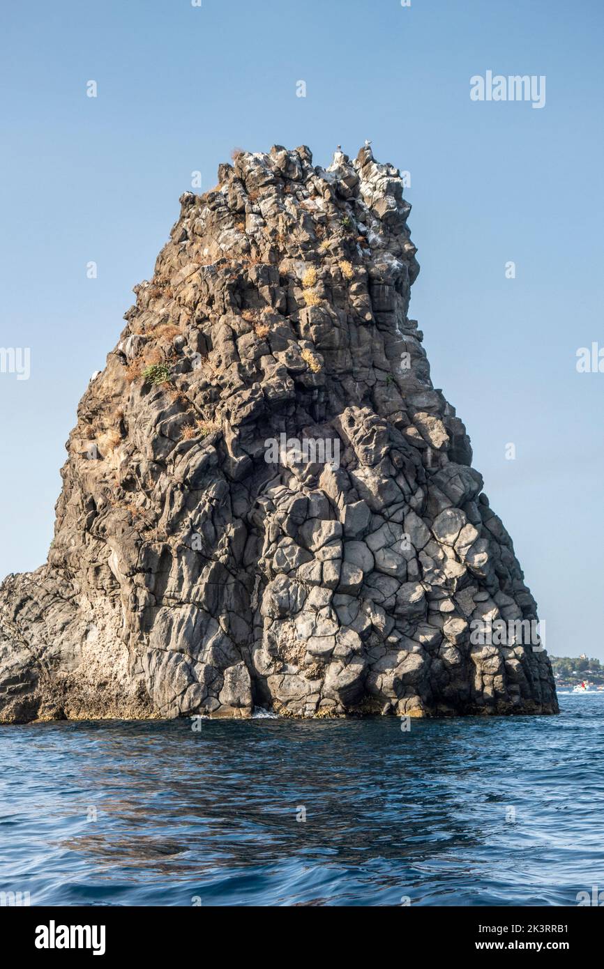 Les Faraglioni ou Isole dei Ciclopi (îles Cyclopéennes), un groupe de basaltes volcaniques se trouve juste au large de la côte à ACI Trezza, Sicile, Italie Banque D'Images