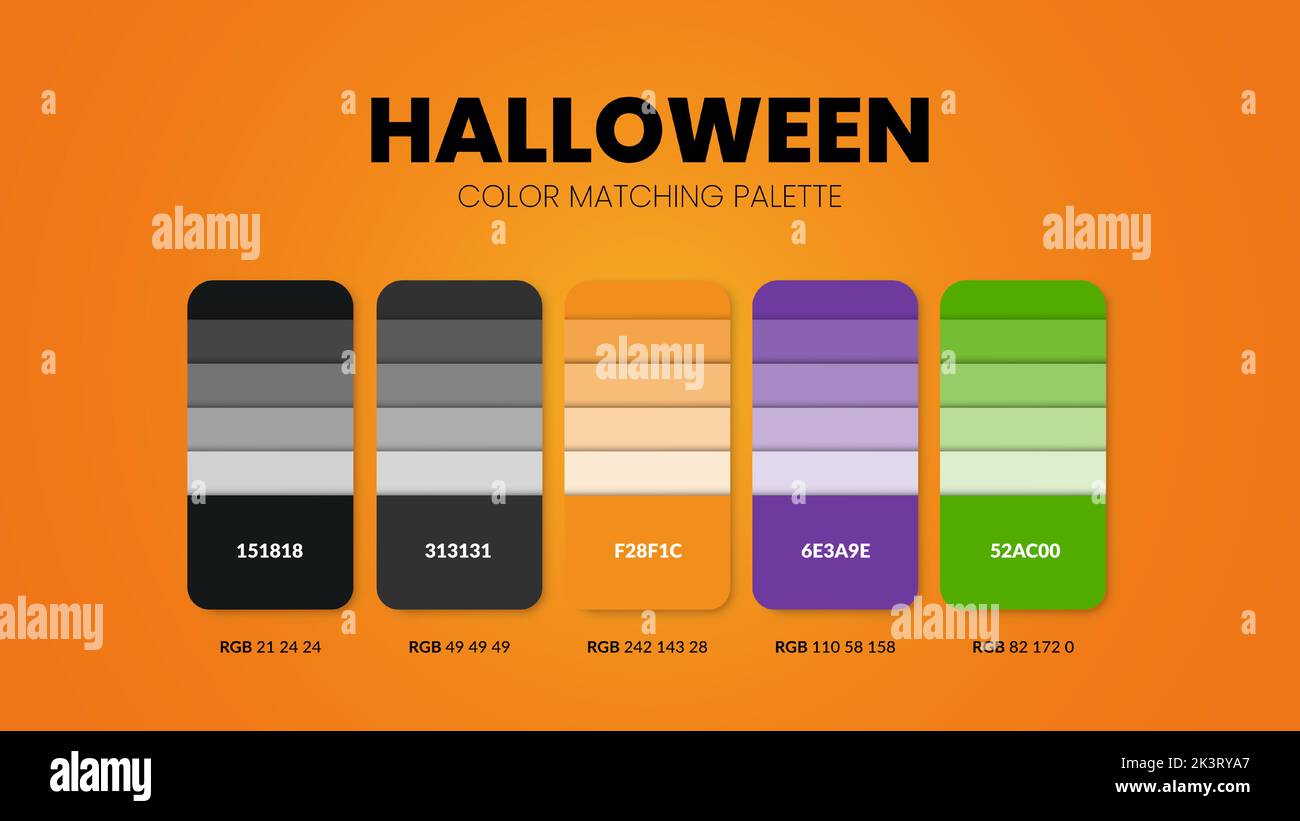 Les palettes de couleurs de thème d'Halloween ou les jeux de couleurs sont des combinaisons de tendances et des guides de palette cette année, une table de couleurs en RVB ou EN HEXADÉCIMAL. Un swat de couleur Illustration de Vecteur