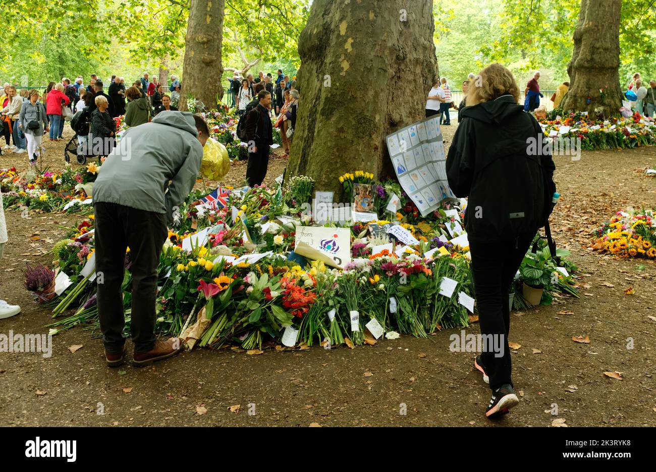 Le public britannique pleure et respecte la reine Elizabeth II dans des hommages floraux, Grene Park, par Buckingham Palace, Londres, après sa mort. Banque D'Images