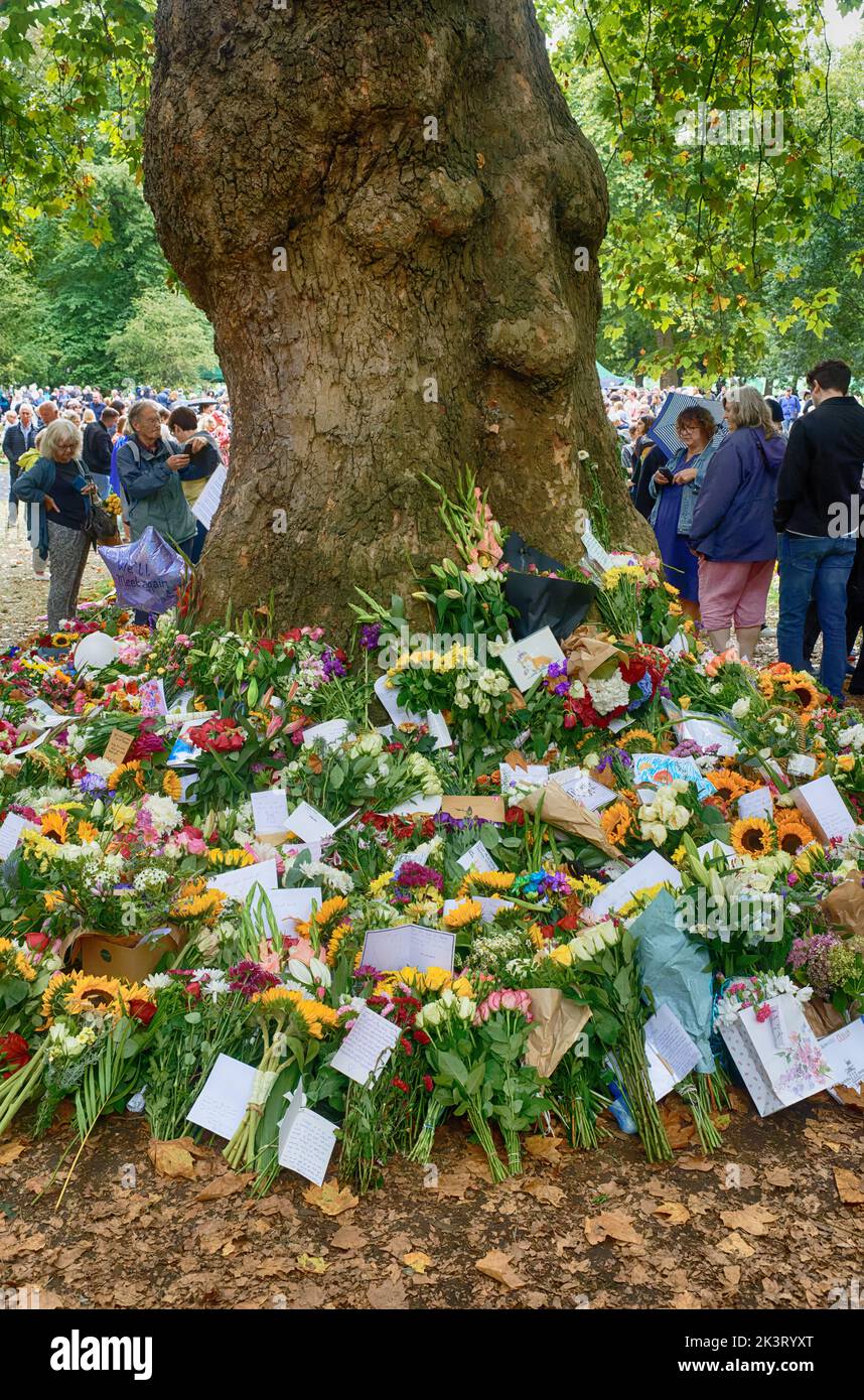 Le public britannique pleure et respecte la reine Elizabeth II dans des hommages floraux, Grene Park, par Buckingham Palace, Londres, après sa mort. Banque D'Images