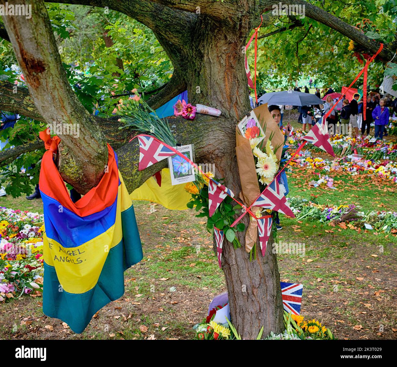 Le public britannique pleure et respecte la reine Elizabeth II dans des hommages floraux, Grene Park, par Buckingham Palace, Londres, après sa mort. Banque D'Images
