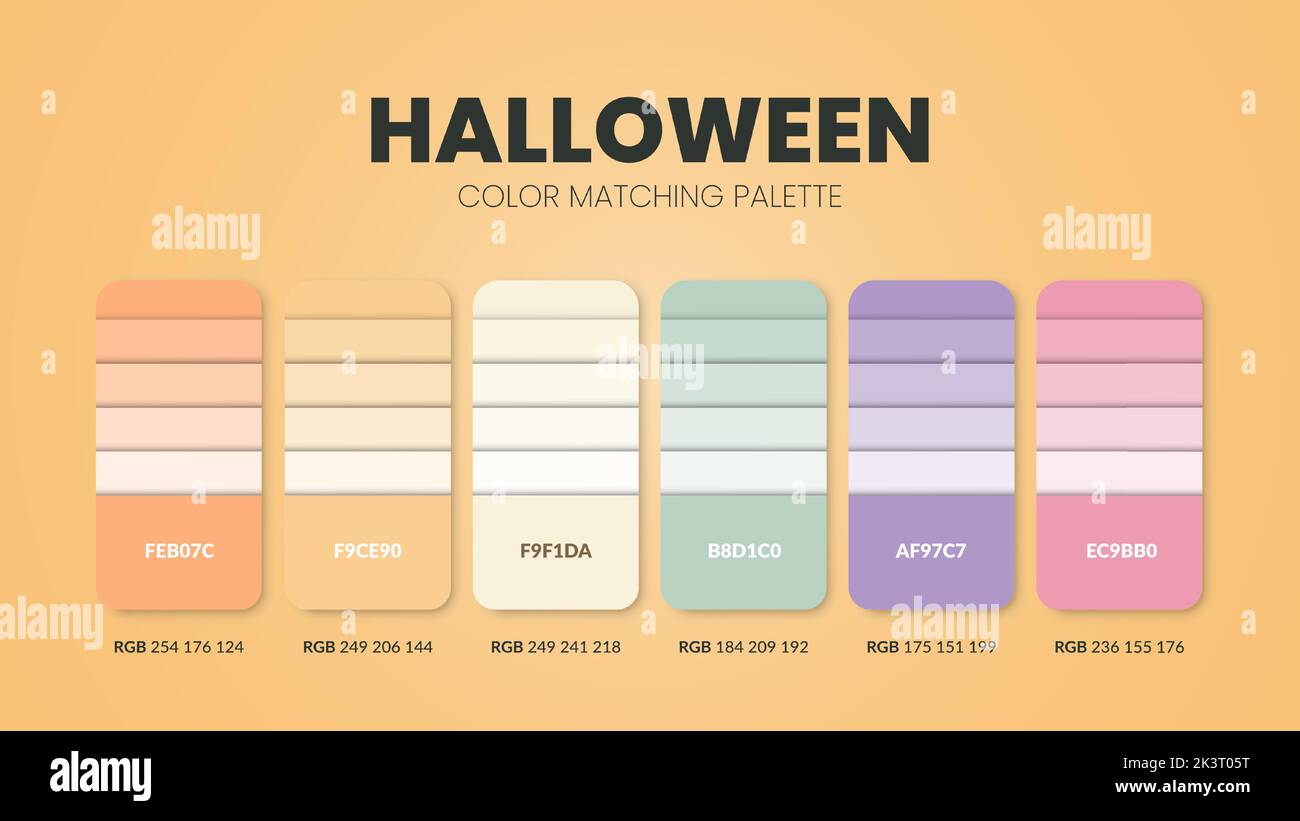 Les palettes de couleurs de thème d'Halloween ou les jeux de couleurs sont des combinaisons de tendances et des guides de palette cette année, une table de couleurs en RVB ou EN HEXADÉCIMAL. Un swat de couleur Illustration de Vecteur