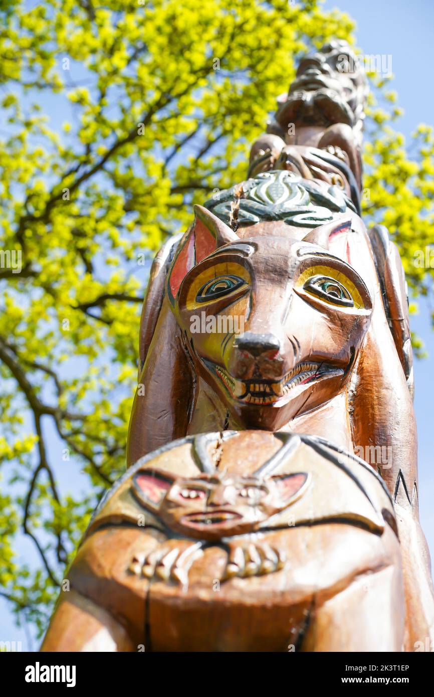 Totem en bois sculpté dans un parc britannique. Face d'un renard. Banque D'Images