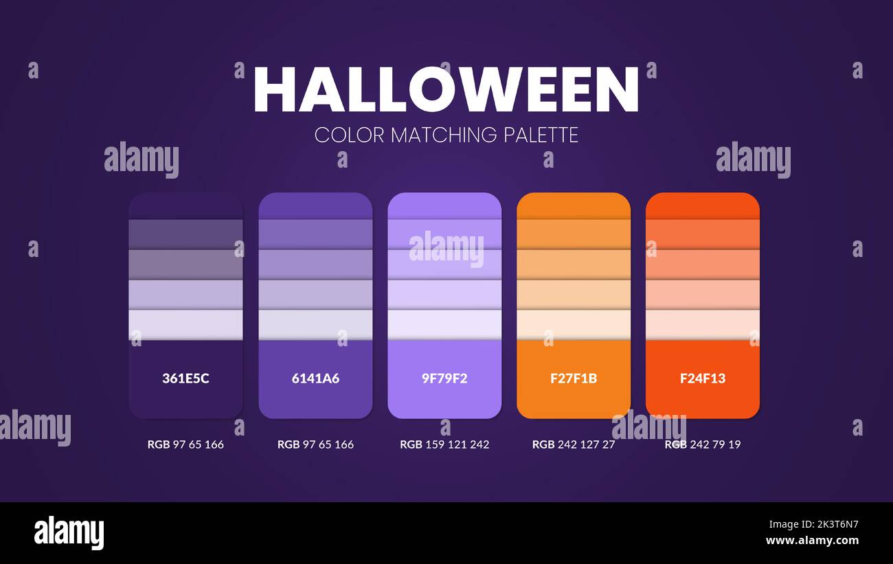 Les palettes de couleurs de thème d'Halloween ou les jeux de couleurs sont des combinaisons de tendances et des guides de palette cette année, une table de couleurs en RVB ou EN HEXADÉCIMAL. Un swat de couleur Illustration de Vecteur