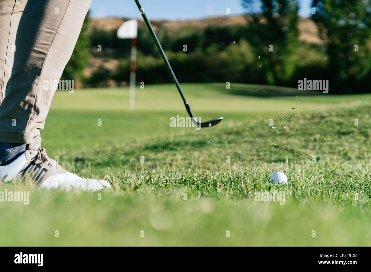 Vue latérale d'un petit mâle méconnaissable en vêtements décontractés jouant au golf sur une pelouse bien entretenue par temps ensoleillé Banque D'Images