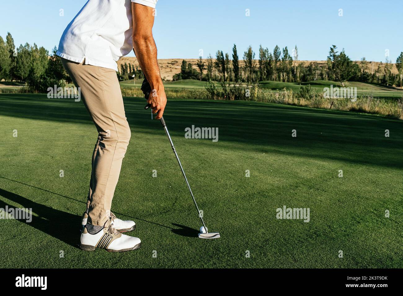 Vue latérale petit garçon méconnaissable en vêtements décontractés jouant au golf sur une pelouse bien entretenue par temps ensoleillé Banque D'Images