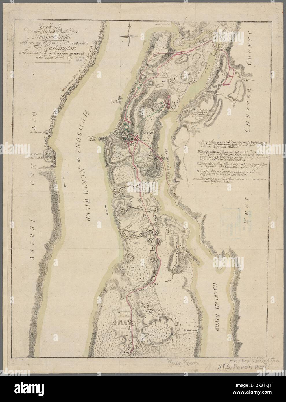 Grundriss des nördlichen Theils der Neujoworks Insel nebst den am 16. Novbr. 1776. Eroberten fort Washington nun das fort Knÿphausen genannt und dem fort Lee Cartographie. Cartes. 1777. Lionel Pincus et Princess Firyal Map Division. American Revolution (1775-1783), fort Washington (New York, N.Y.), fort Lee (N.J.), New York (N.Y.), États-Unis, Histoire , Révolution, 1775-1783 Banque D'Images