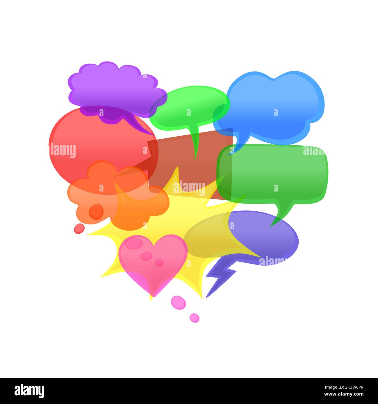 Collection de bulles vocales transparentes dessinées à la main de formes diverses, avec coloration de dégradé et effet 3D. Parole, pensée, émotion, boule de conversation Illustration de Vecteur