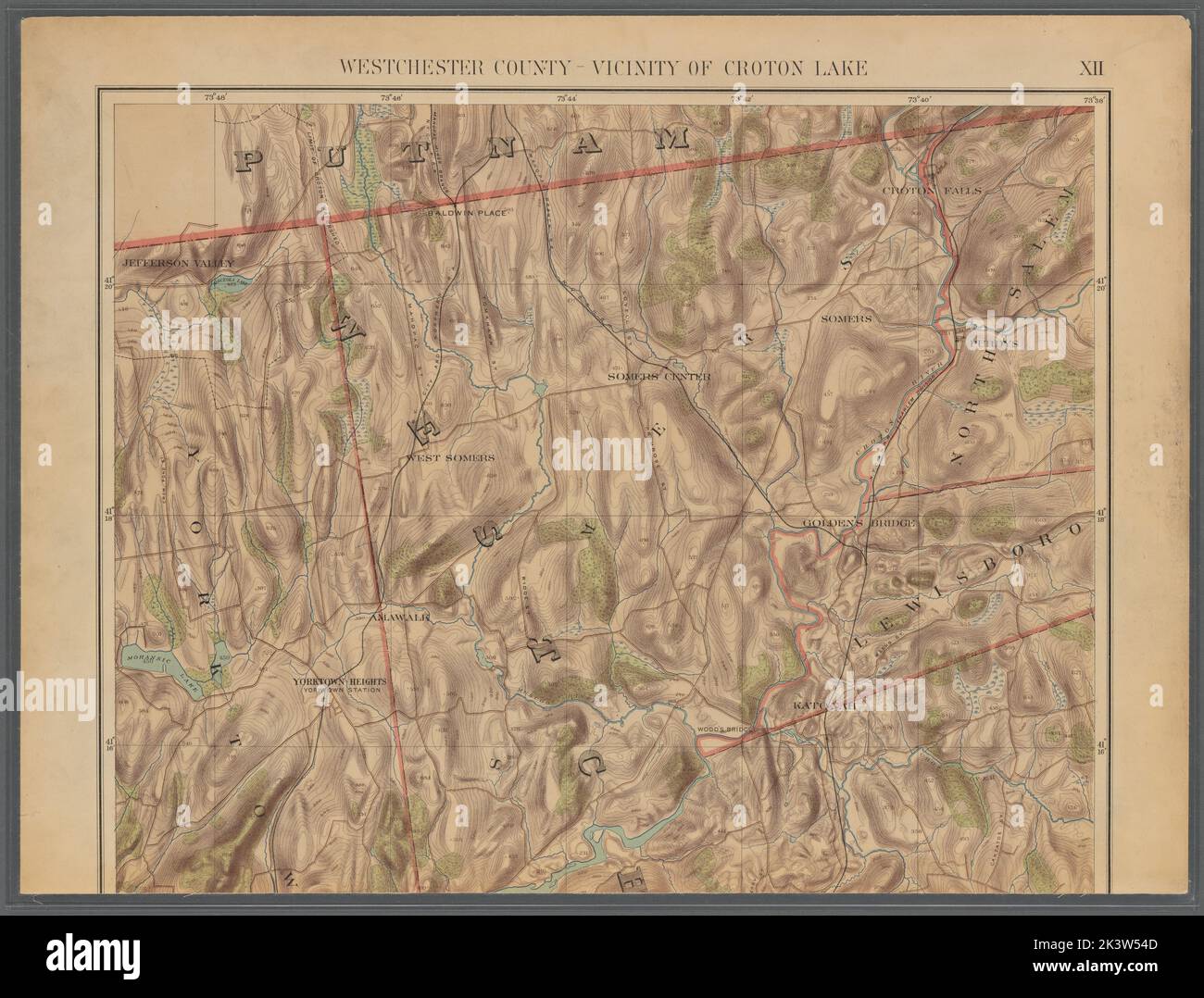 Double page plaque no 12: Westchester County - environs de Croton Lake Cartographie. Atlas, cartes, cartes, cartes topographiques. 1891. Lionel Pincus et Princess Firyal Map Division. New York (New York), région métropolitaine de New York Banque D'Images