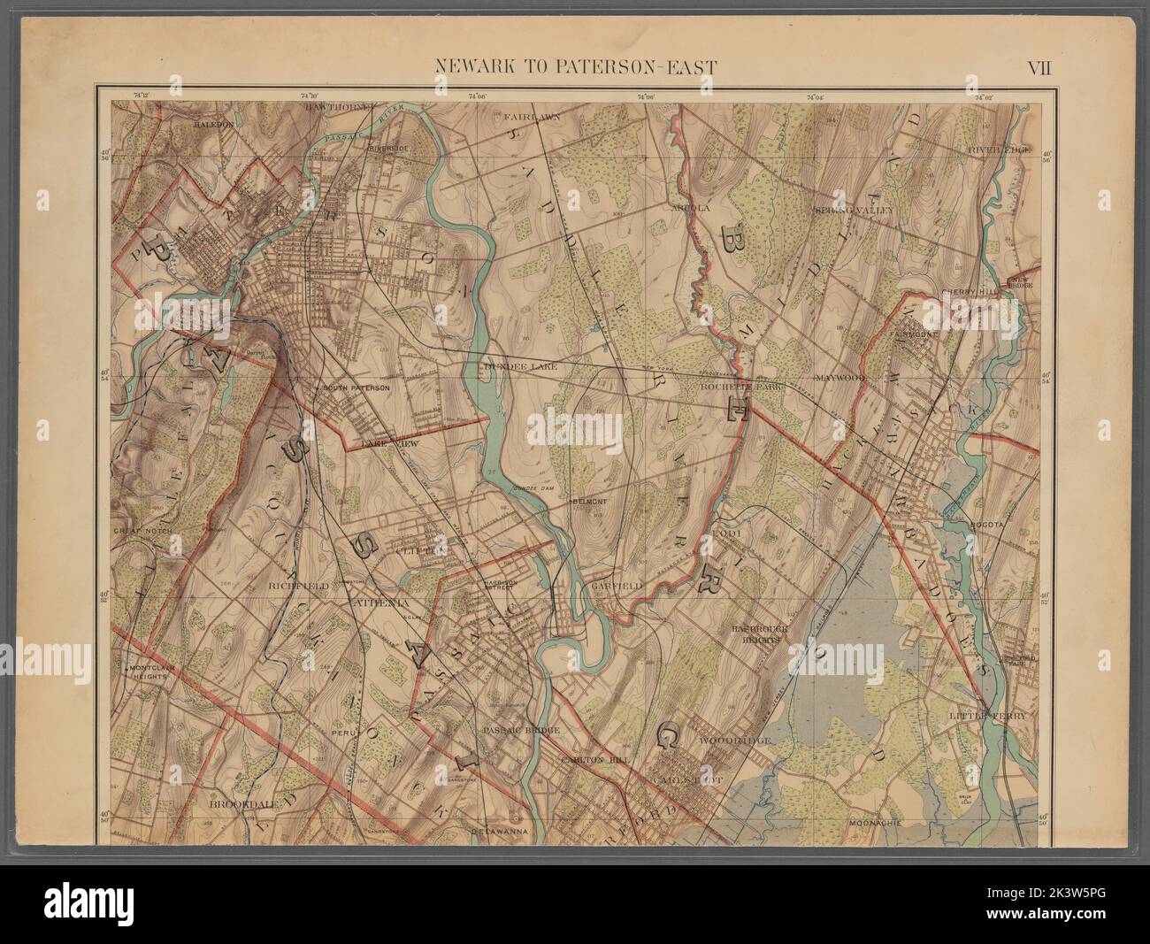 Page double plaque n° 7 : Newark à Paterson-East Cartographie. Atlas, cartes, cartes, cartes topographiques. 1891. Lionel Pincus et Princess Firyal Map Division. New York (New York), région métropolitaine de New York Banque D'Images
