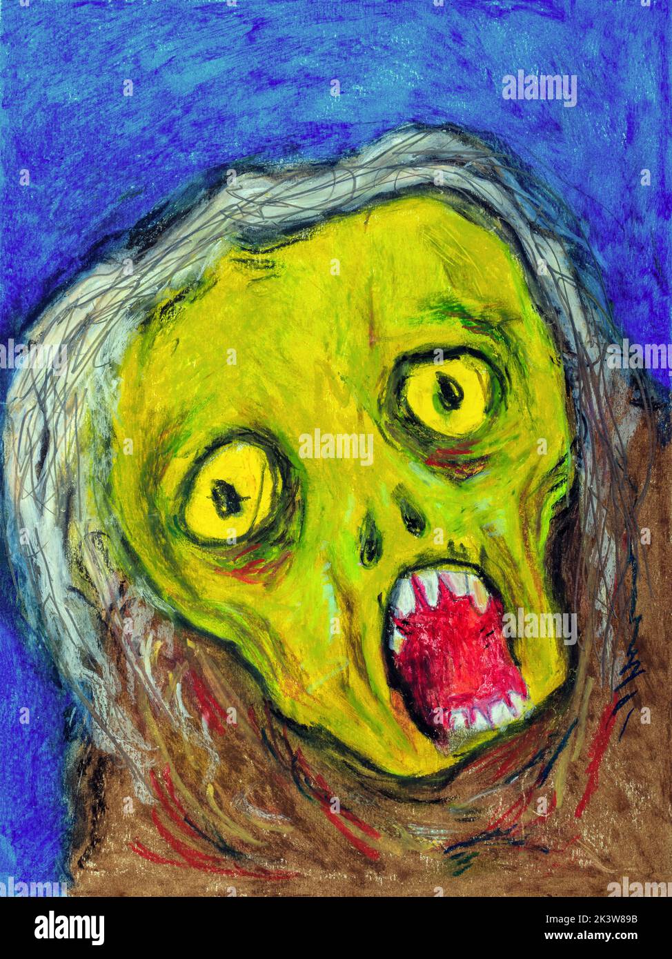 Le visage d'un fantôme effrayant hurlant et terrifiant. Halloween octobre concept de vacances. Illustration, dessin pastel à l'huile avec backgro bleu foncé Banque D'Images