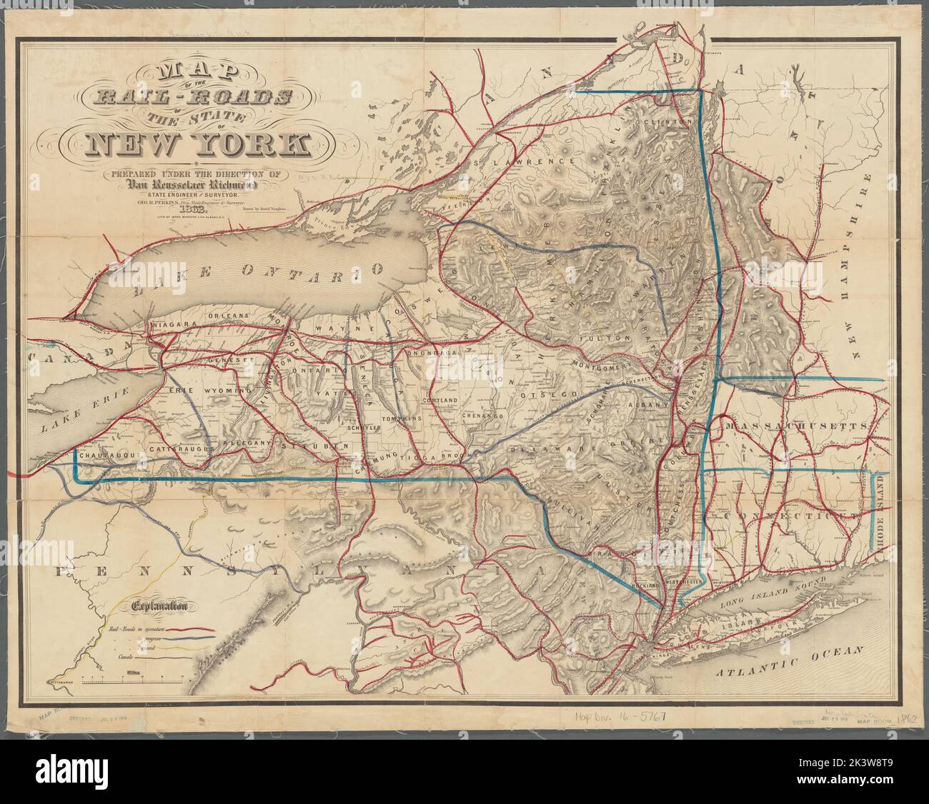 Carte des chemins de fer de l'état de New York Cartographie. Cartes. 1862. Lionel Pincus et Princess Firyal Map Division. Chemins de fer , New York (État), canaux , New York (État), chemins de fer , Connecticut, Railroads , Vermont, Railroads , Massachusetts, Chemins de fer , Pennsylvanie, chemins de fer , New Jersey Banque D'Images