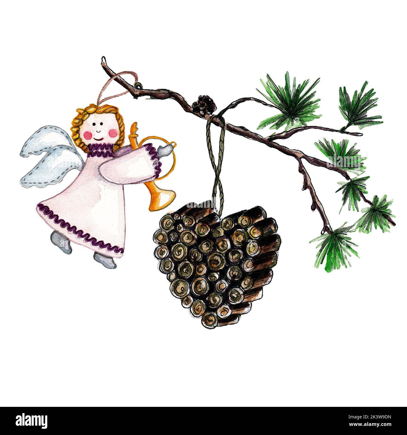 Illustration aquarelle de décorations en bois de Noël : branches en pin avec coeur en laine et ange jouet nouvel an. Maison confortable Banque D'Images