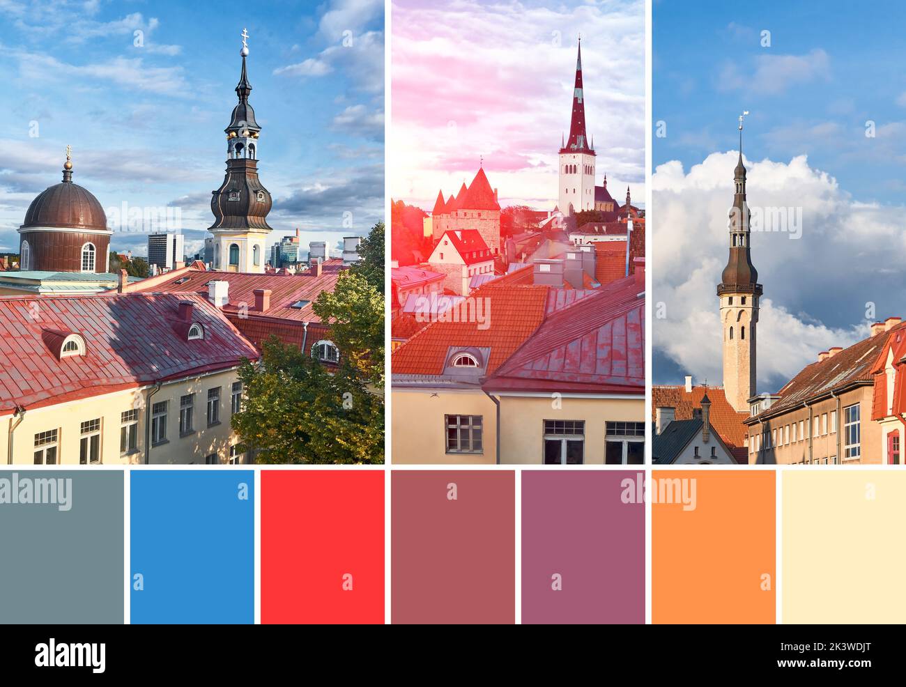 Palette de couleurs assorties d'images de Tallinn, Estonie. Hôtel de ville historique, tours murales, façades historiques, toits de bâtiments médiévaux anciens. Banque D'Images