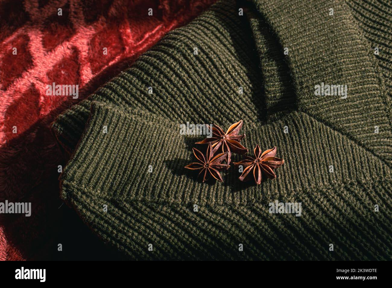 Image d'un pull en laine vert de l'armée et de gousses de graines d'anis étoilé au soleil Banque D'Images