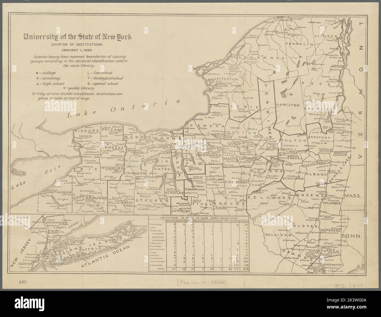 Université de l'État de New York : emplacement des établissements, carte 1 janvier 1898 montrant l'emplacement des établissements d'enseignement dans l'État de New York Cartographie. Cartes. 1898. Lionel Pincus et Princess Firyal Map Division. Université d'État de New York, universités et collèges d'État , New York (État), bibliothèques et institutions , New York (État), éducation , New York (État), éducation , New York (État) , zone métropolitaine de New York , New York (État) , divisions administratives et politiques Banque D'Images