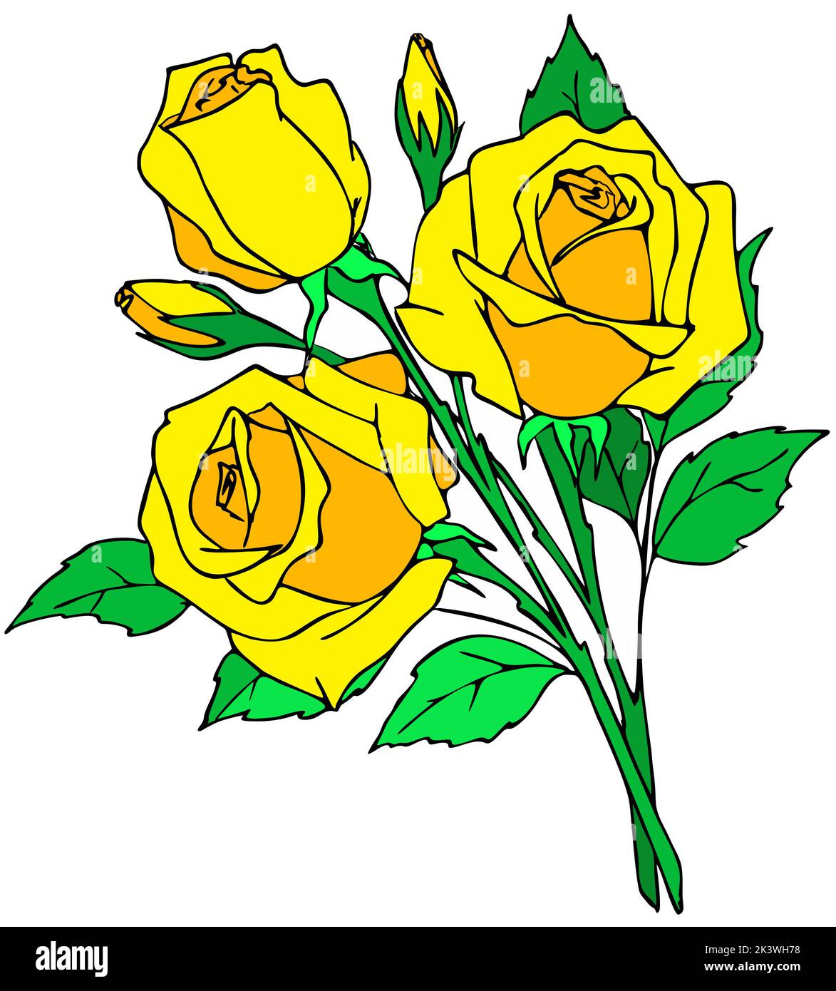 dessin de branche de rose avec fleur et feuilles jaunes, élément isolé, conception Banque D'Images