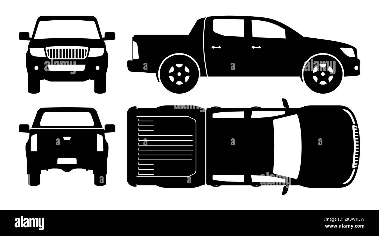 Camionnette silhouette sur fond blanc. Icônes de véhicule set voir d'un côté, avant, arrière, et top Illustration de Vecteur