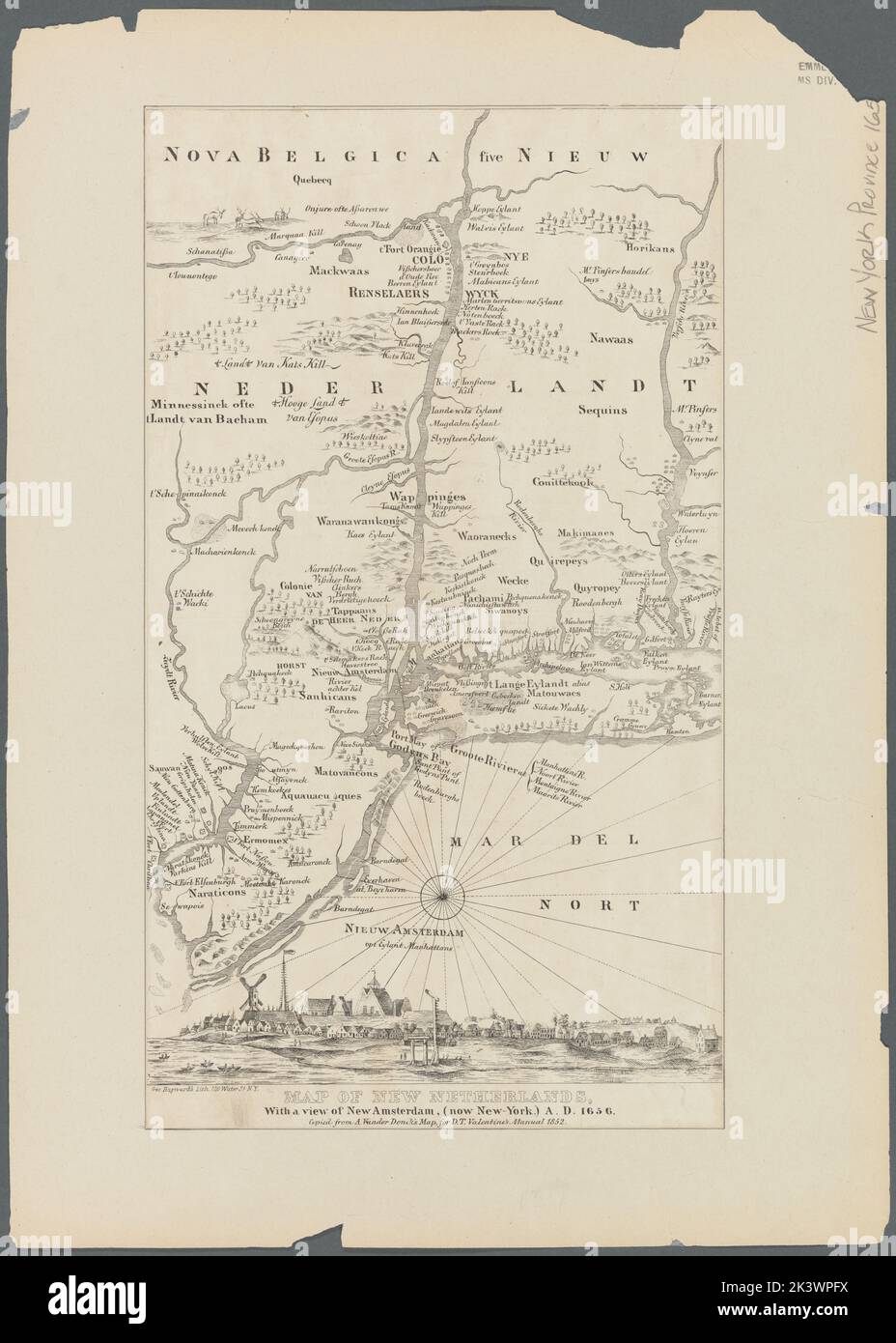 Carte de New Netherland avec vue sur New Amsterdam (maintenant New York), A.D. 1656 Nova Belgica Five Nieuw Neder landt Valentine, D. T. (David Thomas), 1801-1869. Cartographie. Cartes. 1852. Lionel Pincus et Princess Firyal Map Division. New Netherland, région métropolitaine de New York, région de New York , vues aériennes, New York (N.Y.), États-Unis , New Netherland, New York (État) , région métropolitaine de New York Banque D'Images