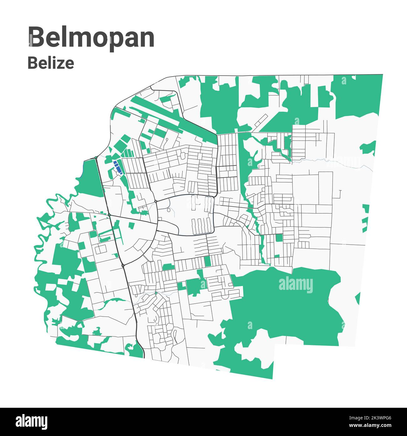 Carte vectorielle Belmopan. Carte détaillée du quartier administratif de la ville de Belmopan. Panorama urbain. Illustration vectorielle libre de droits. Carte routière avec autoroutes, Illustration de Vecteur