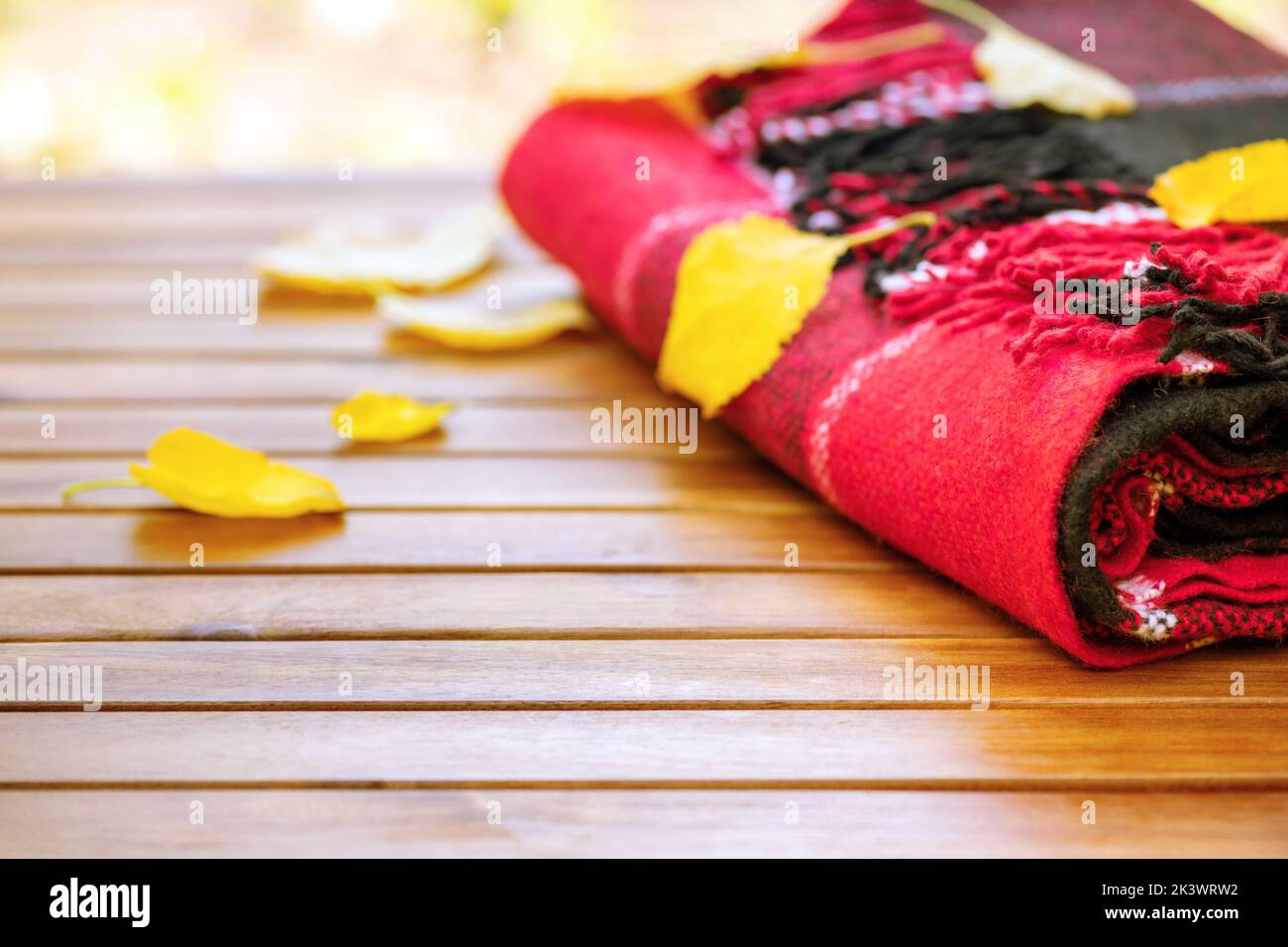 Couverture rouge lainages chaude et feuilles d'automne sur table en bois. Arrière-plan d'automne avec motif écossais le jour de soleil dans le jardin d'automne. Arrière-plan flou. Copier Banque D'Images