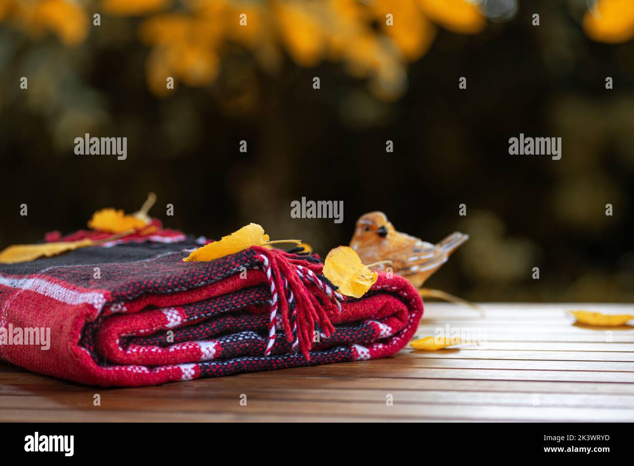 Composition d'automne. Couverture rouge laineux chaude, oiseau, décorations, feuilles d'automne sur table en bois. Concept d'automne. Arrière-plan de chute Banque D'Images