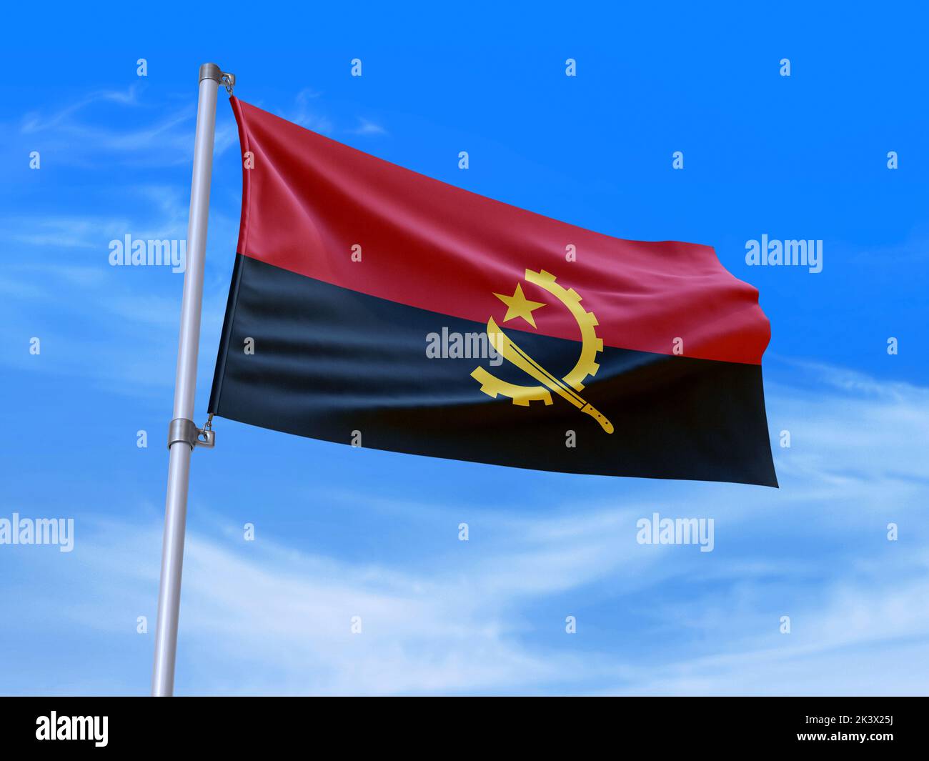 Magnifique drapeau angolais agitant dans le vent avec fond de ciel - 3D illustration - 3D rendu Banque D'Images