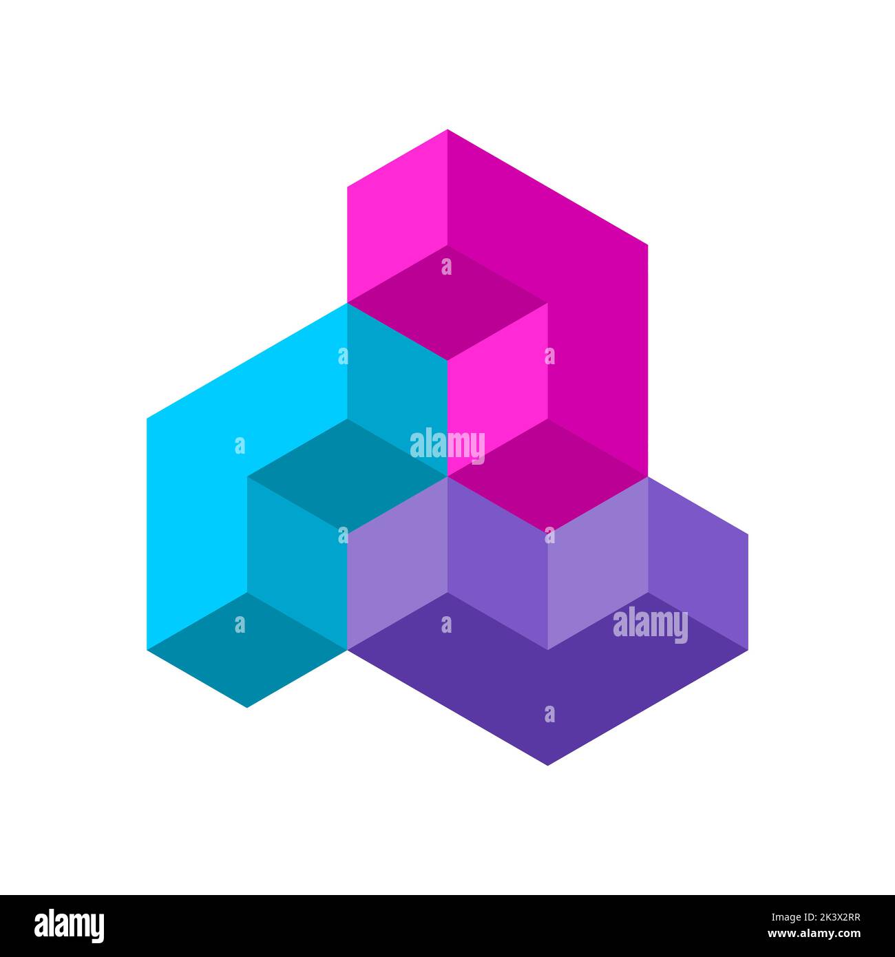 Modèle coloré de logo L à trois lettres. 3D éléments de conception de cube. Flèches pointant dans différentes directions. Formes géométriques simples en bleu, rose et violet Illustration de Vecteur