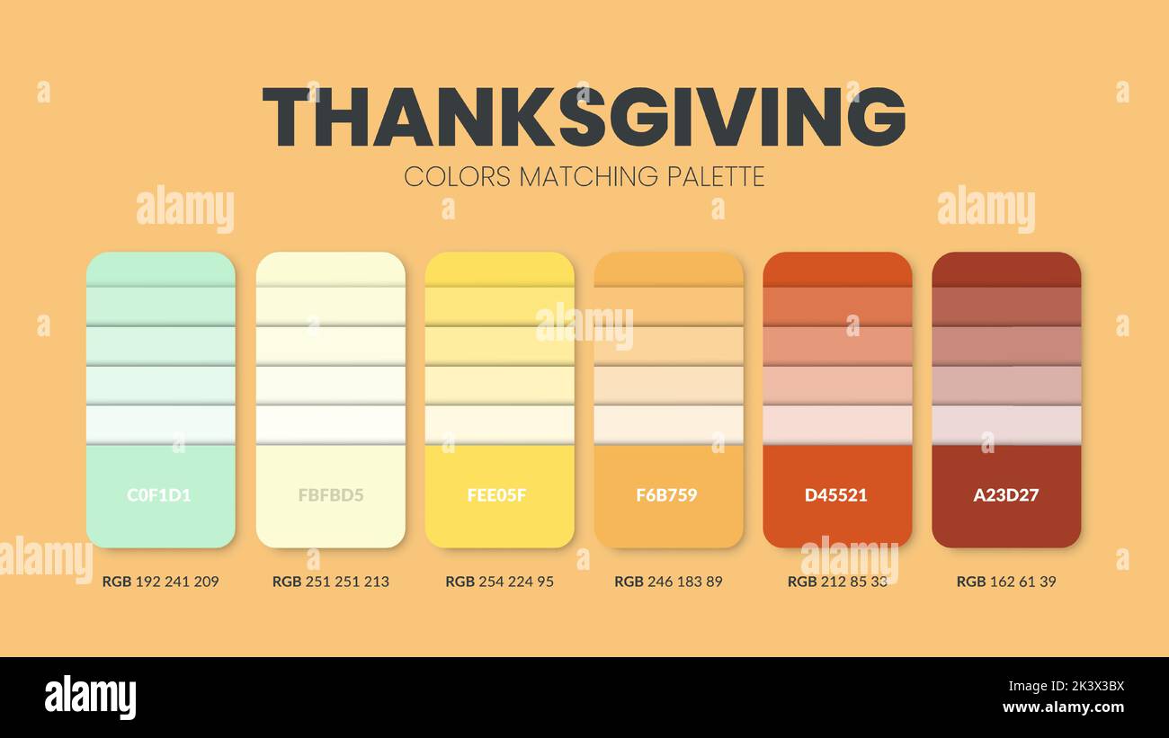 Jeu de couleurs Thanksgiving. Guide des combinaisons et des palettes de tendances des couleurs. Exemple de nuances de couleurs de tableau en RVB et EN HEXADÉCIMAL. Nuance de couleur pour la mode, la maison, Illustration de Vecteur